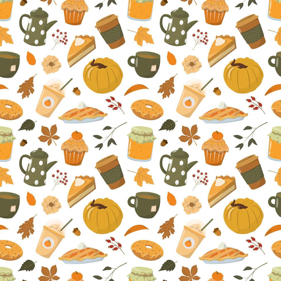 Autumn pumpkin spice pattern. Fall seasonal food and drinks. Isolated on white background. Cute orange pumpkin, cup of coffee, pumpkin pie,cake, leaves. vector