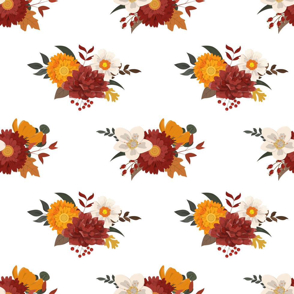 Fall floral arrangements with flowers, leaves, and berries seamless pattern with burgundy, orange, yellow flowers and forest leaves. Isolated on white background. vector