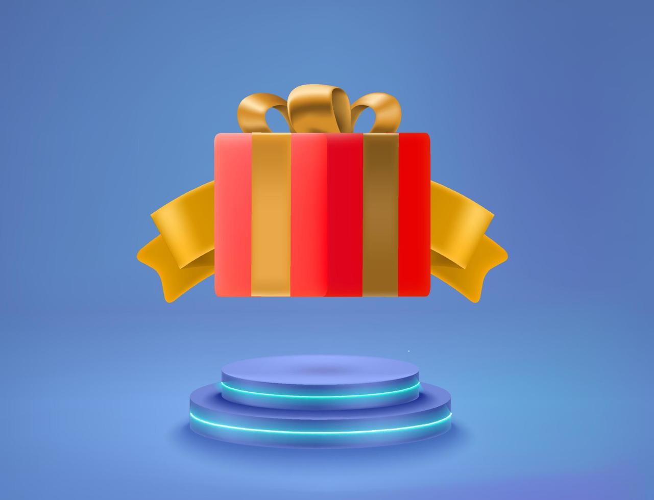 Gift box with gold ribbon on neon podium. Vector 3d illustration