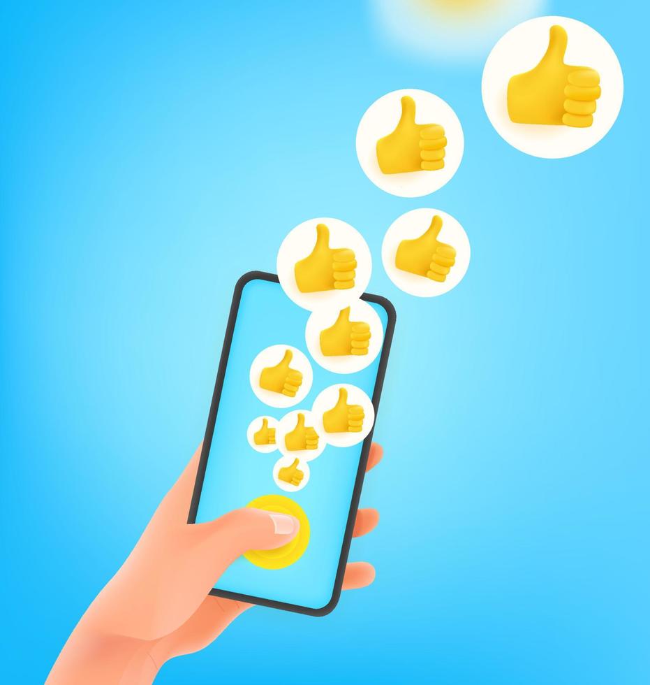 Man pressing button on smartphone. Using social media vector