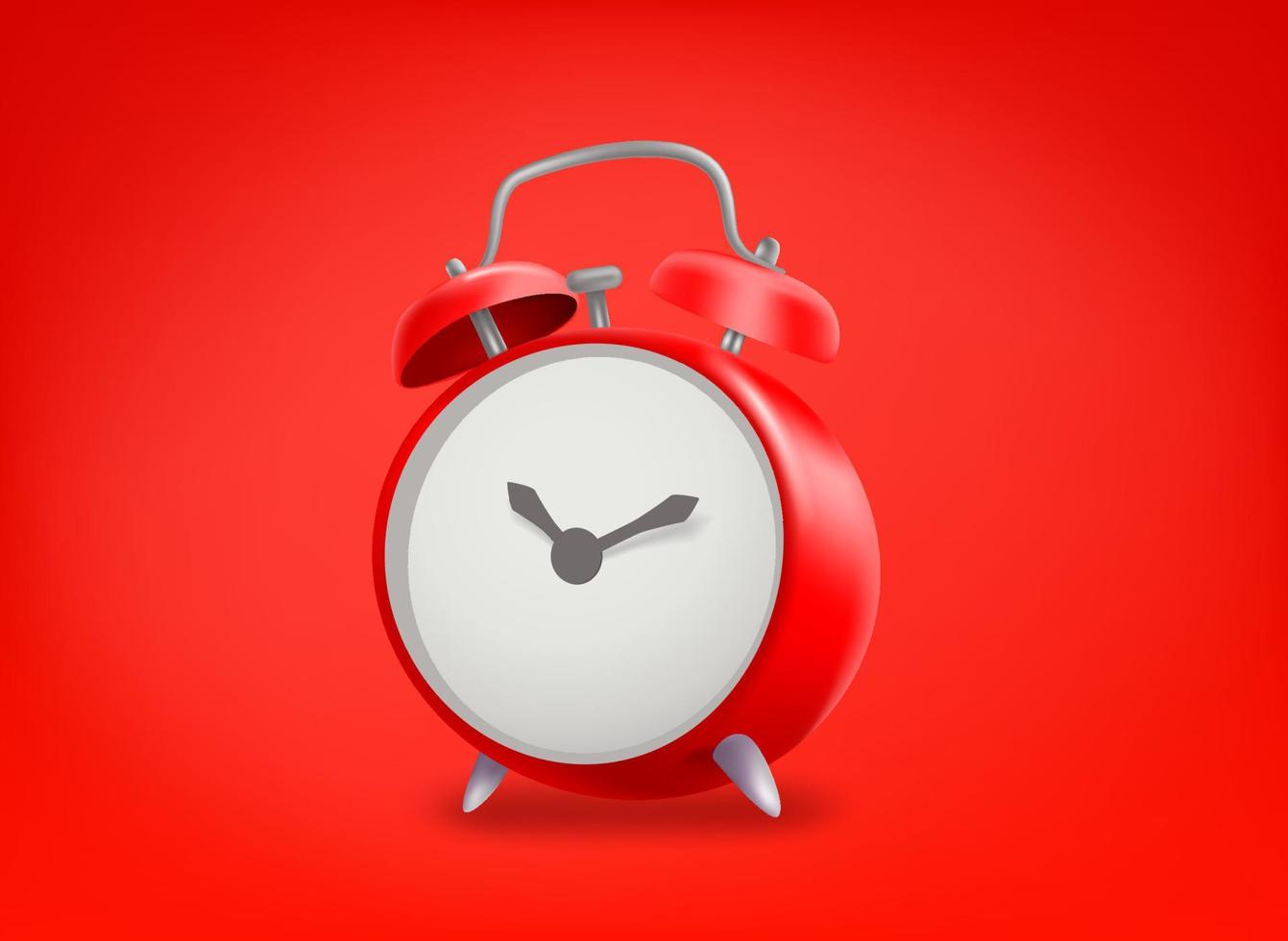 Red alarm clock on red background. 3d vector illustration