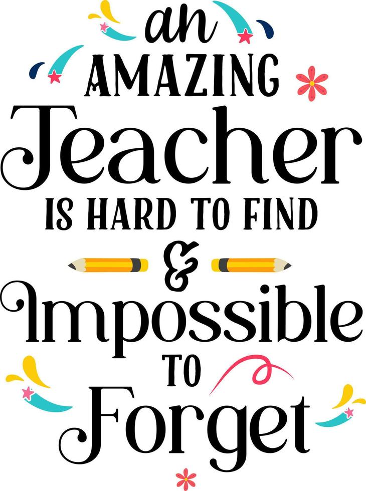 An amazing teacher is hard to find  impossible to forget. Teacher quote sayings isolated on white background. Teacher vector lettering calligraphy print for back to school, graduation, teachers day.