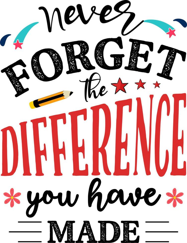 Never forget the difference you have made, Teacher quote sayings isolated on white background. Teacher vector lettering calligraphy print for back to school, graduation, teachers day.