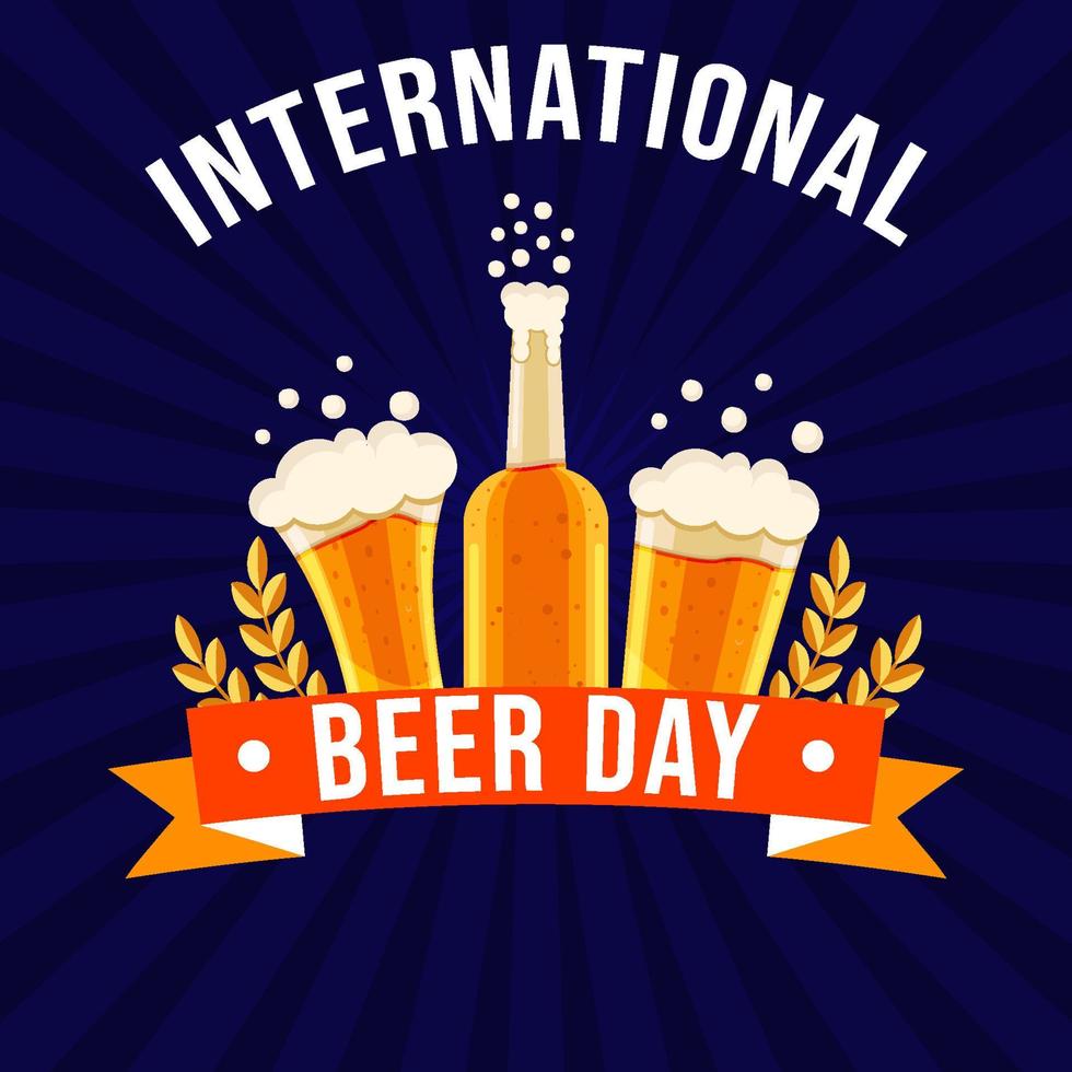 flat international beer day illustration with beer glasses and beer bottle vector