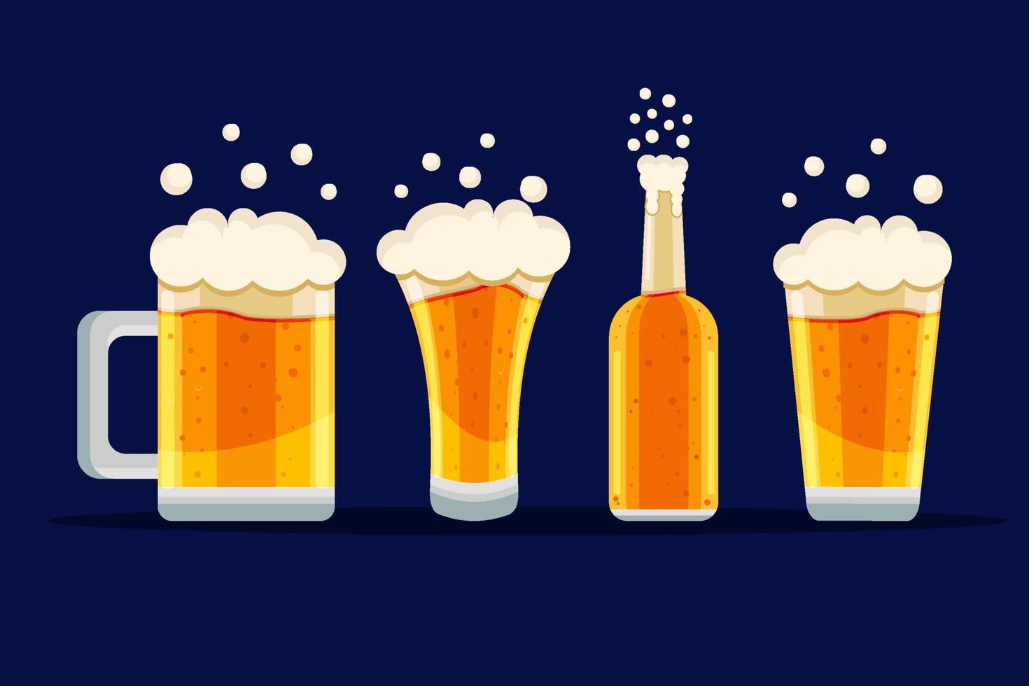 vasos de cerveza y botella con espuma en ilustración de diseño plano vector