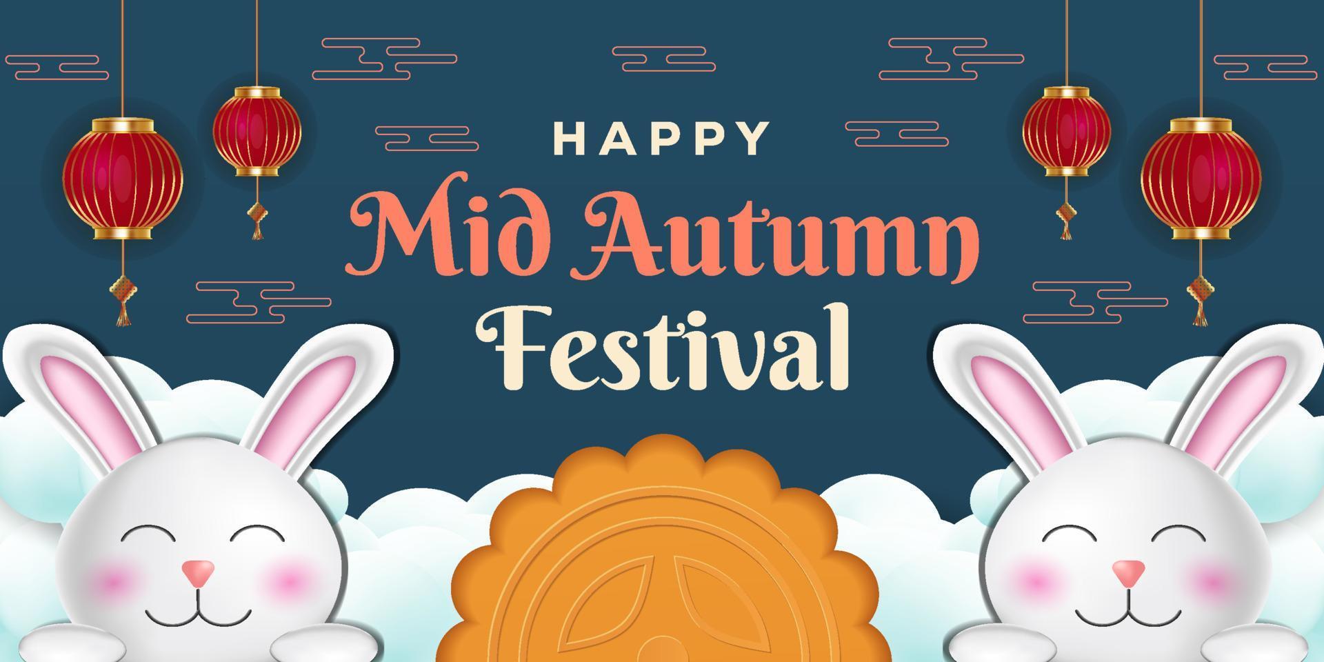 realistic happy mid autumn festival illustration with rabbits, lanterns, and clouds vector