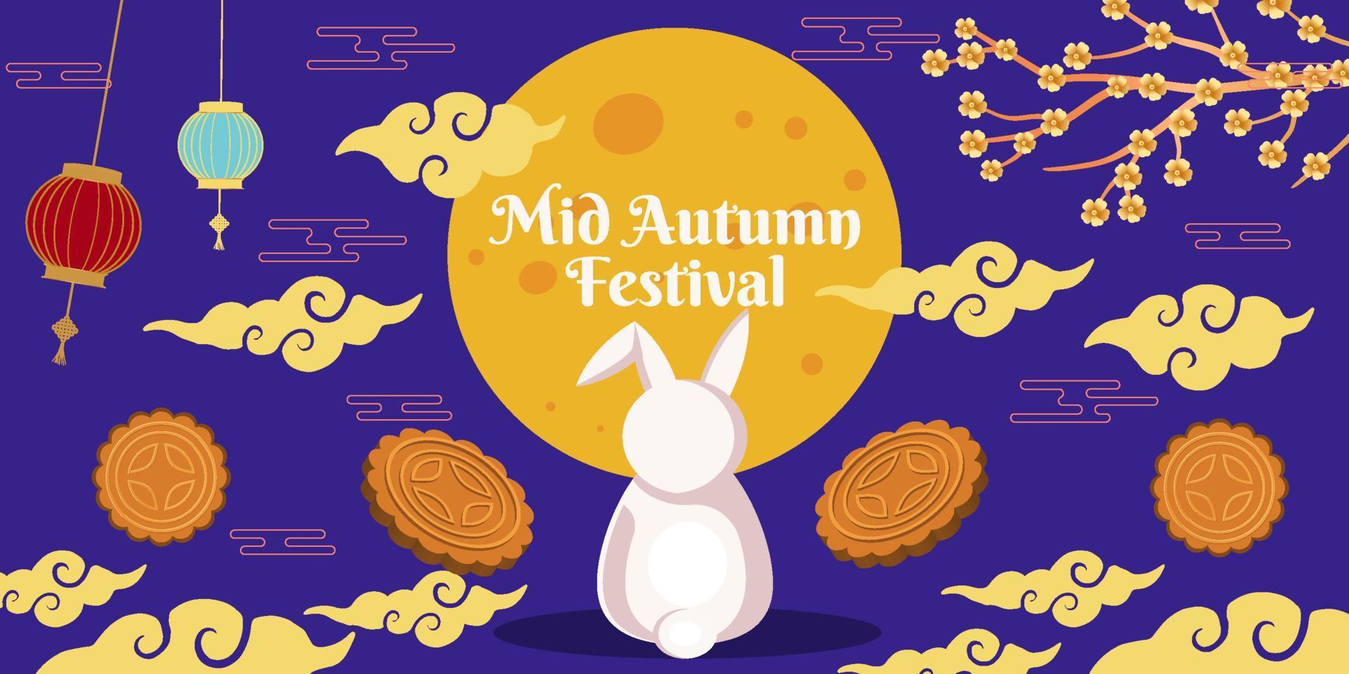 flat mid autumn festival illustration with moon, mooncake, tree, clouds, and rabbit vector