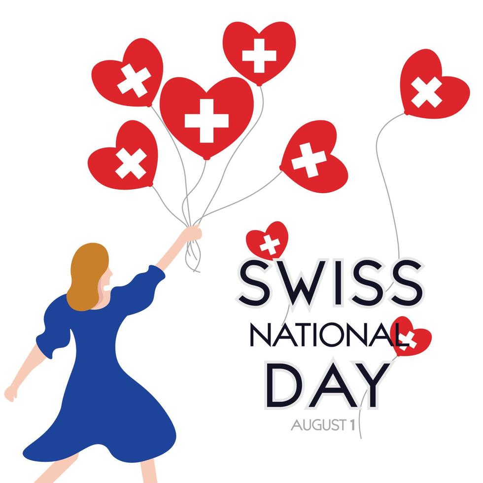 Happy Swiss national day greeting card, banner with template text vector illustration. Switzerland memorial holiday 1st of August design element with flag, cross, flat illustration.
