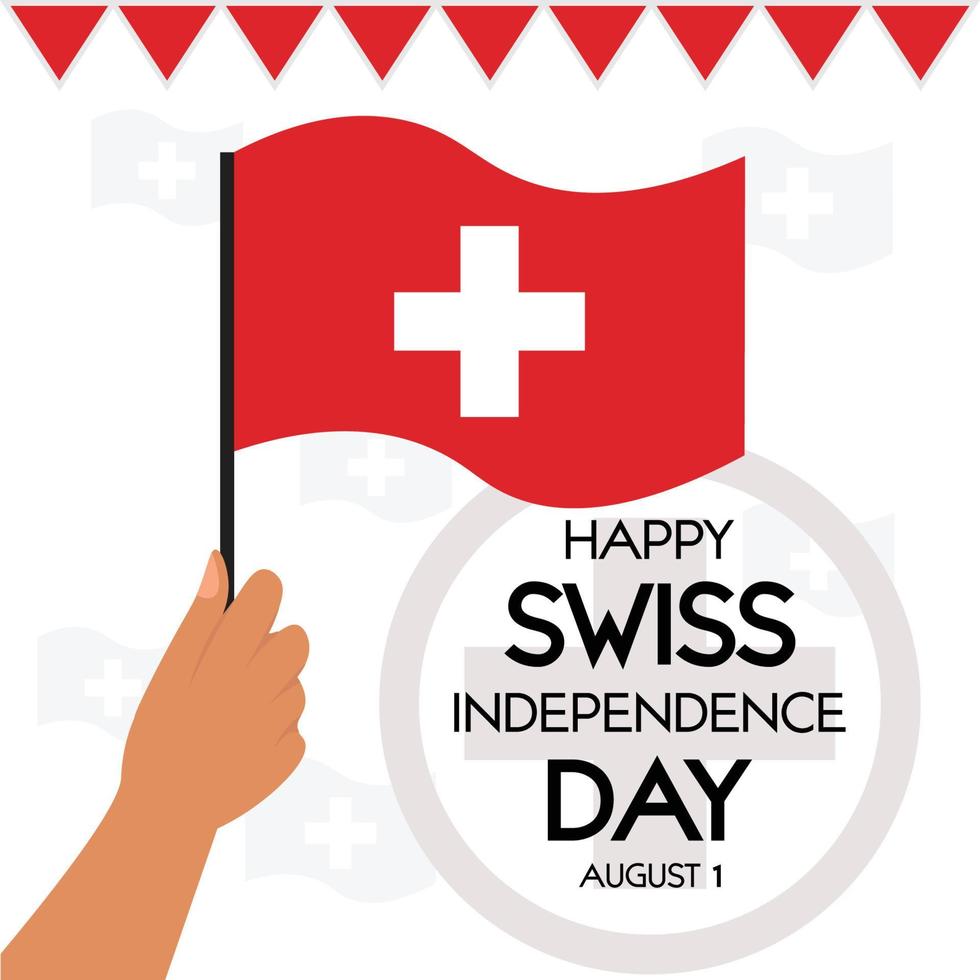 feliz tarjeta de felicitación del día nacional suizo, banner con ilustración de vector de texto de plantilla. fiesta conmemorativa de suiza 1 de agosto elemento de diseño con bandera, cruz, ilustración plana.