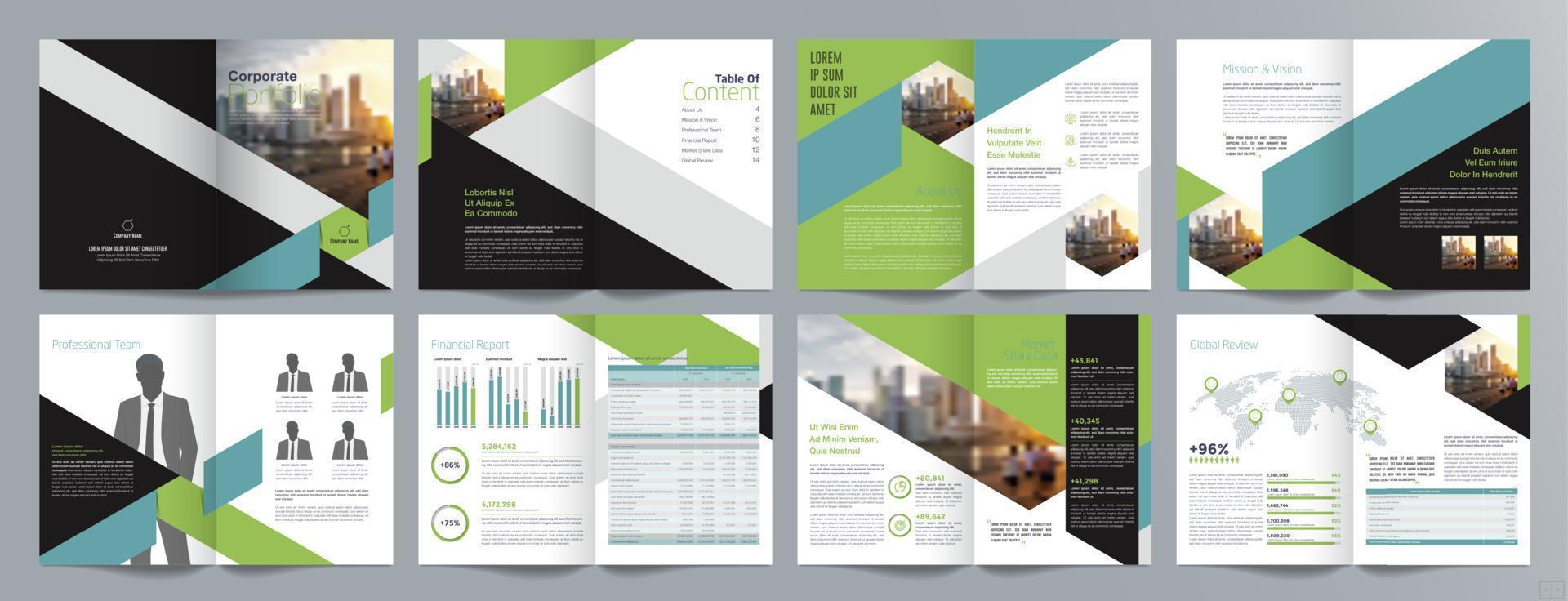 plantilla de folleto de guía de presentación de negocios corporativos, informe anual, plantilla de diseño de folleto de negocios geométrico plano minimalista de 16 páginas, tamaño a4. vector