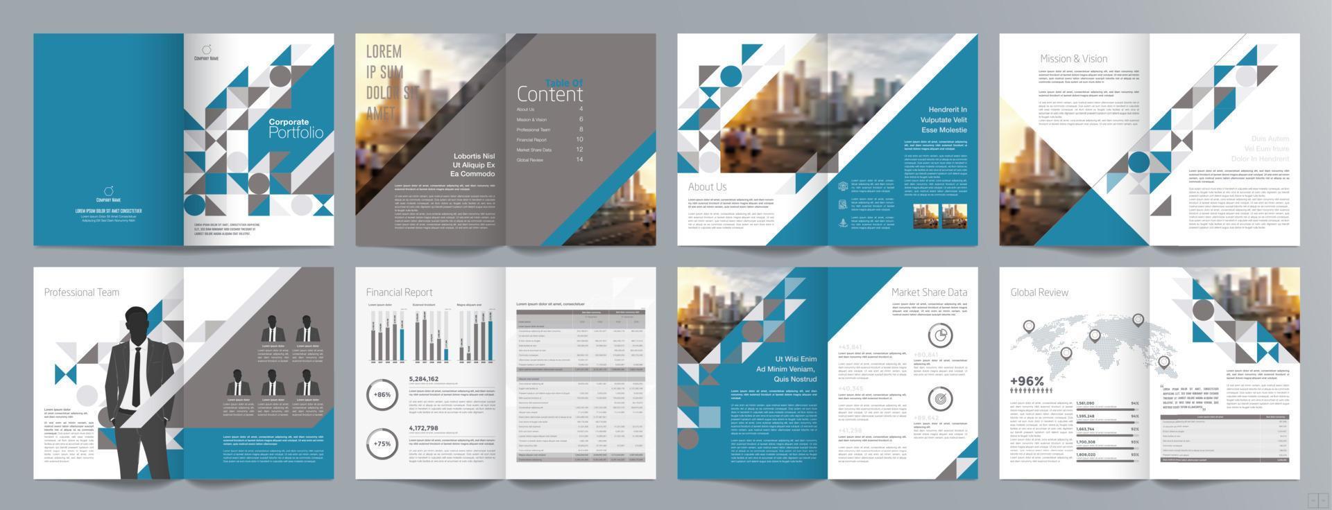 plantilla de folleto de guía de presentación de negocios corporativos, informe anual, plantilla de diseño de folleto de negocios geométrico plano minimalista de 16 páginas, tamaño a4. vector