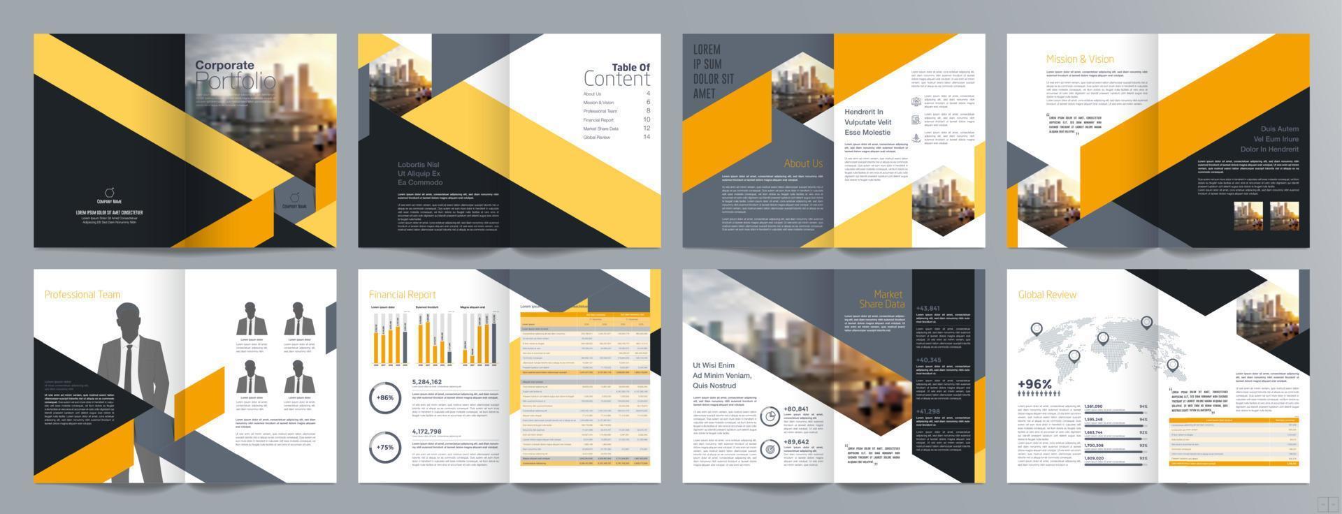 plantilla de folleto de guía de presentación de negocios corporativos, informe anual, plantilla de diseño de folleto de negocios geométrico plano minimalista de 16 páginas, tamaño a4. vector