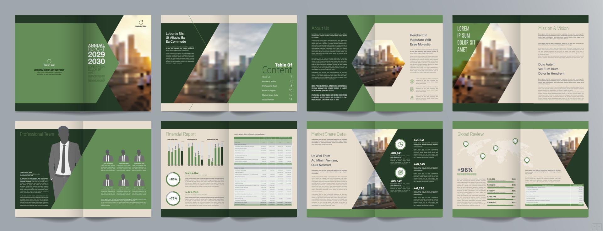 plantilla de folleto de guía de presentación de negocios corporativos, informe anual, plantilla de diseño de folleto de negocios geométrico plano minimalista de 16 páginas, tamaño a4. vector