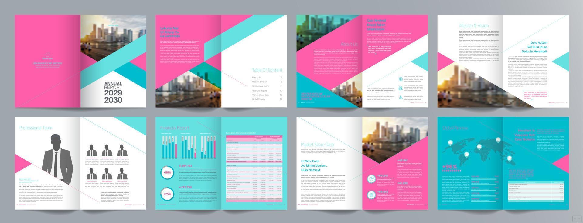 plantilla de folleto de guía de presentación de negocios corporativos, informe anual, plantilla de diseño de folleto de negocios geométrico plano minimalista de 16 páginas, tamaño a4. vector