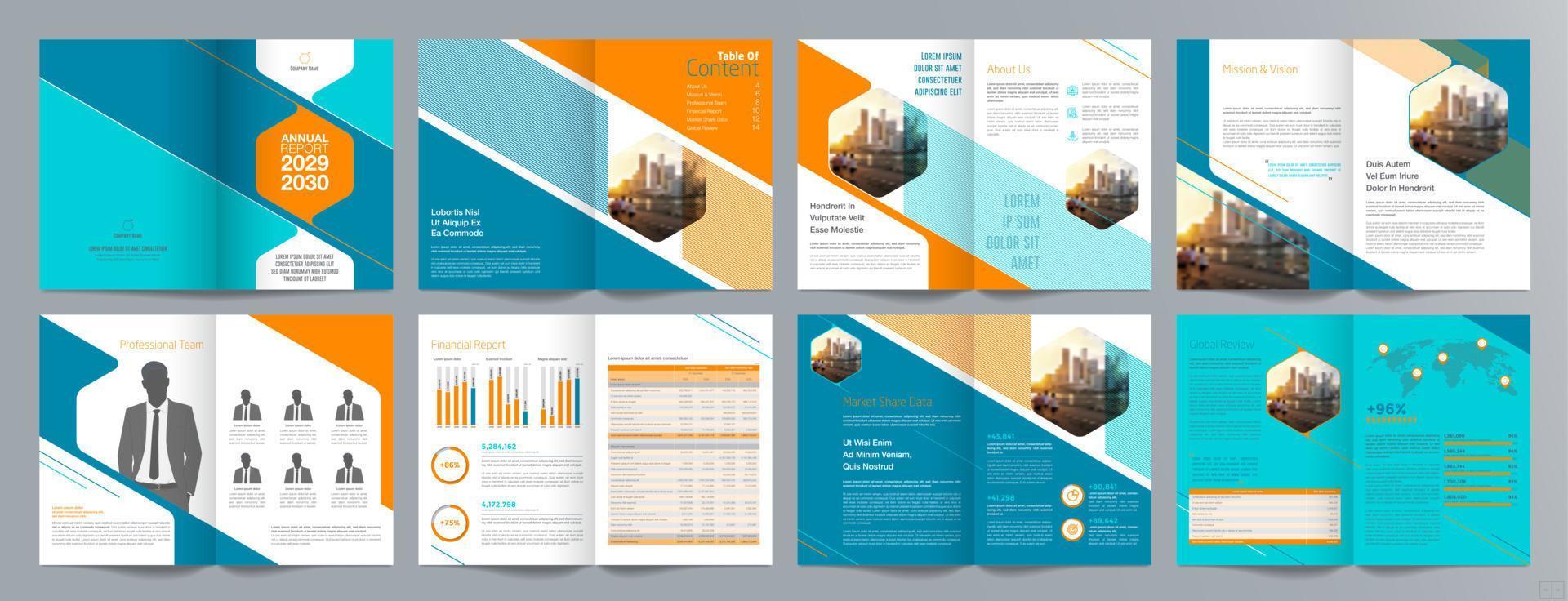 plantilla de folleto de guía de presentación de negocios corporativos, informe anual, plantilla de diseño de folleto de negocios geométrico plano minimalista de 16 páginas, tamaño a4. vector