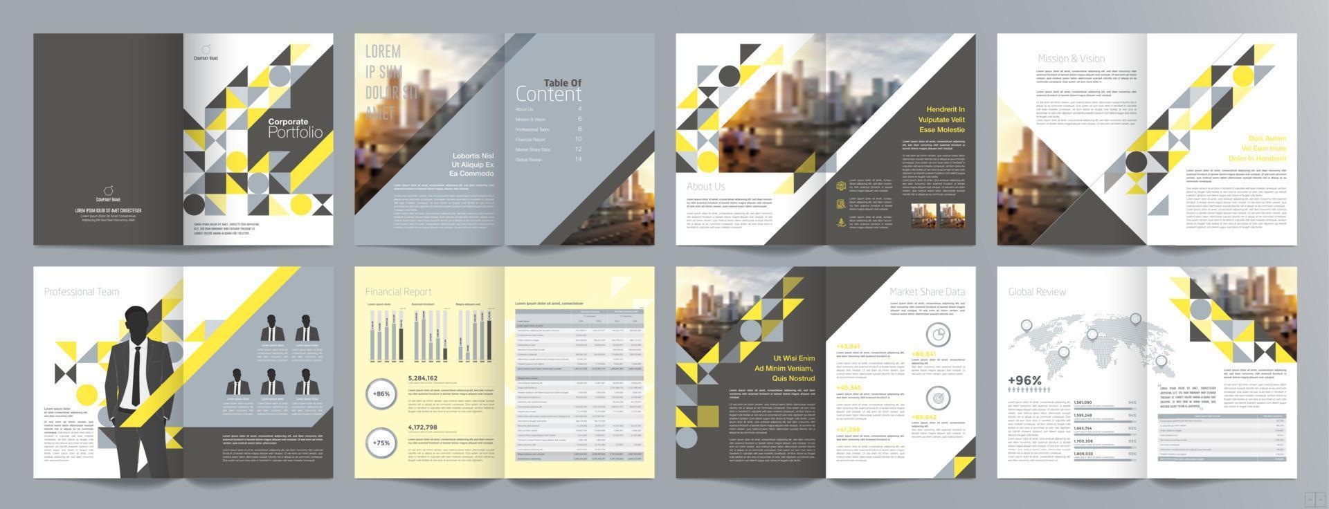 plantilla de folleto de guía de presentación de negocios corporativos, informe anual, plantilla de diseño de folleto de negocios geométrico plano minimalista de 16 páginas, tamaño a4. vector