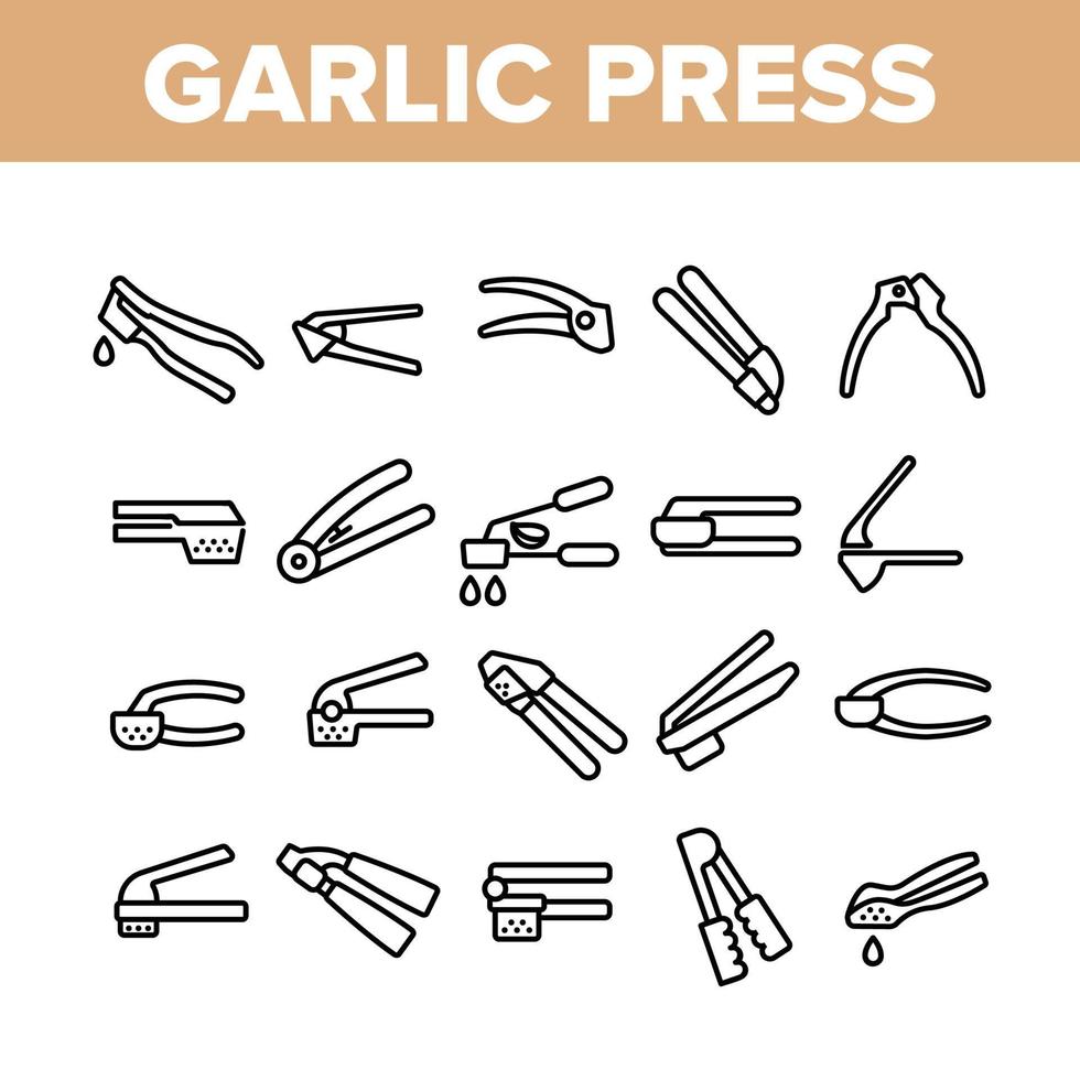 Garlic Press Utensil Collection Icons Set Vector
