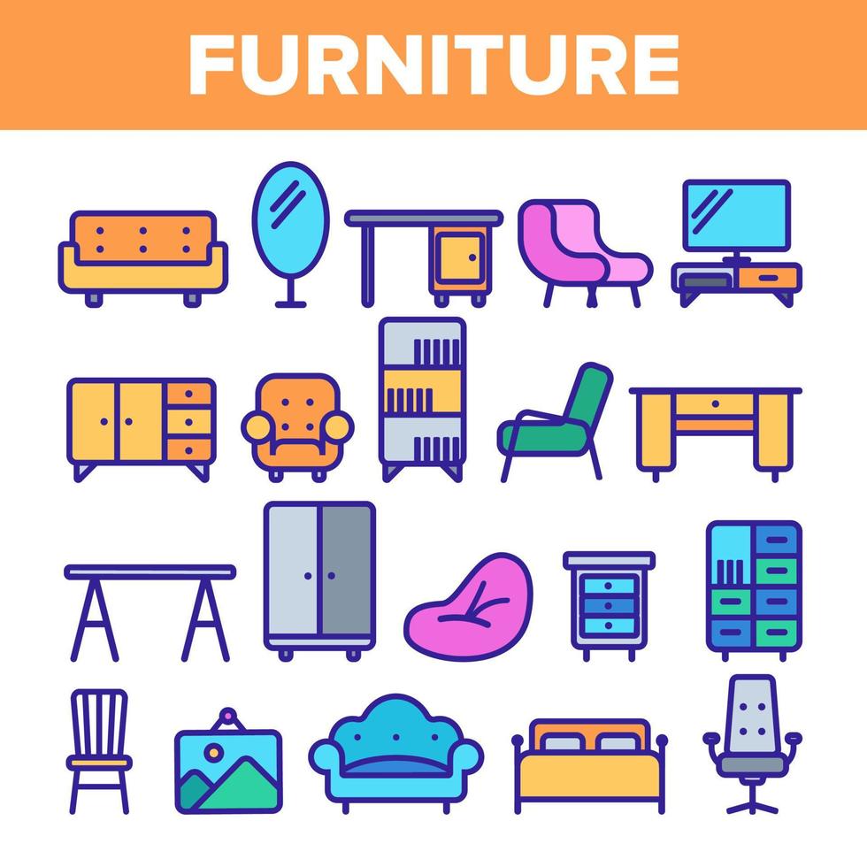 vector de conjunto de iconos de línea de muebles de habitación. diseño de gabinetes interiores. elementos de mobiliario de la habitación del hogar. ilustración web de contorno delgado