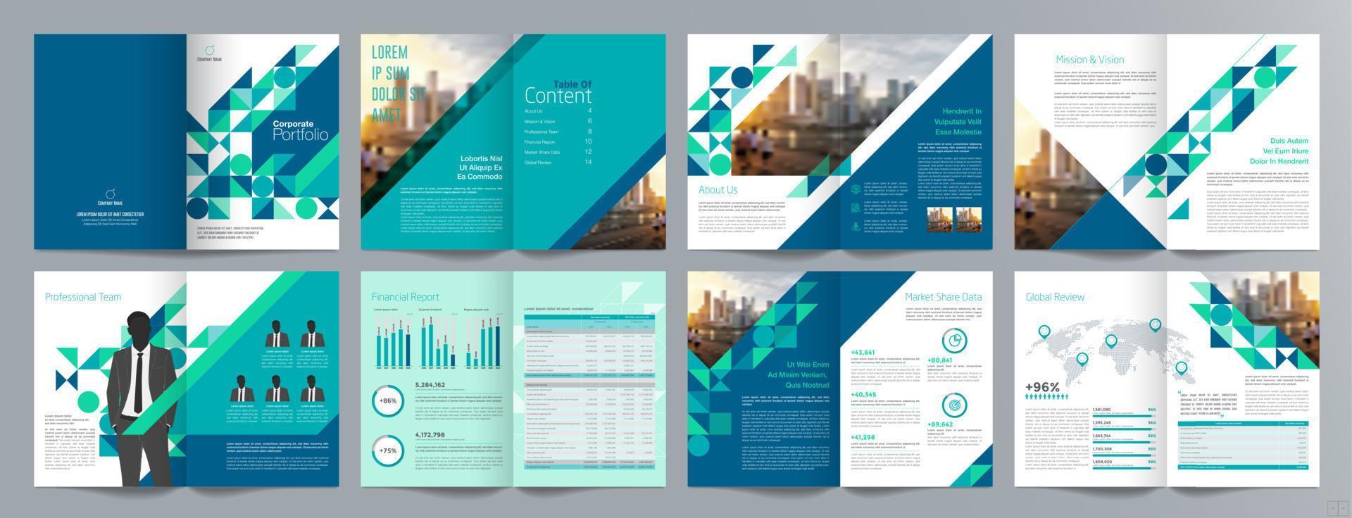 plantilla de folleto de guía de presentación de negocios corporativos, informe anual, plantilla de diseño de folleto de negocios geométrico plano minimalista de 16 páginas, tamaño a4. vector