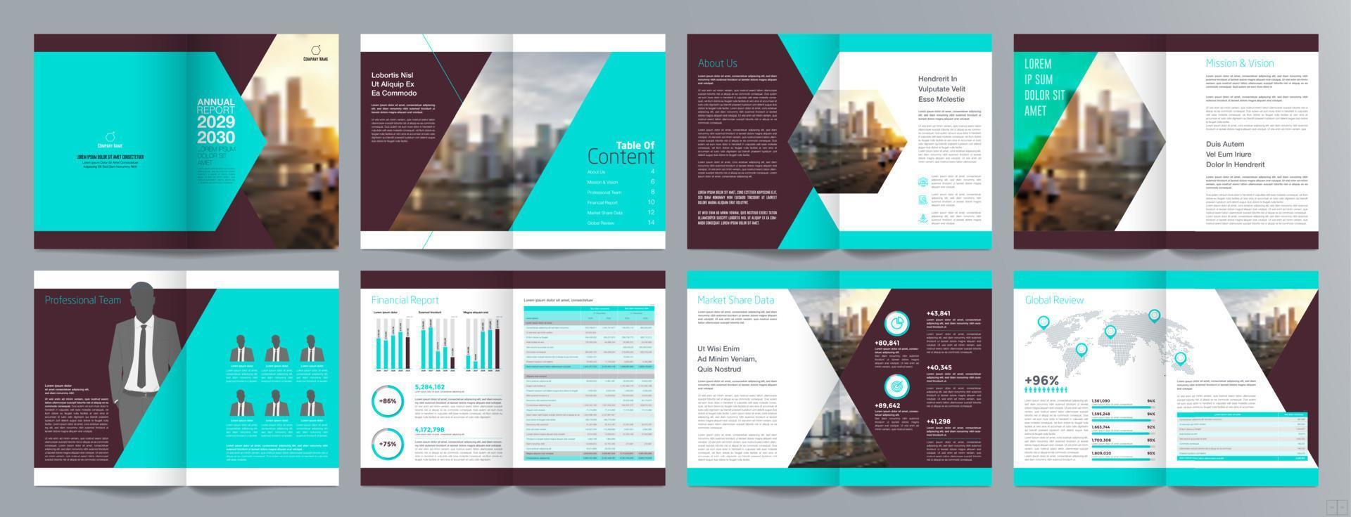 plantilla de folleto de guía de presentación de negocios corporativos, informe anual, plantilla de diseño de folleto de negocios geométrico plano minimalista de 16 páginas, tamaño a4. vector