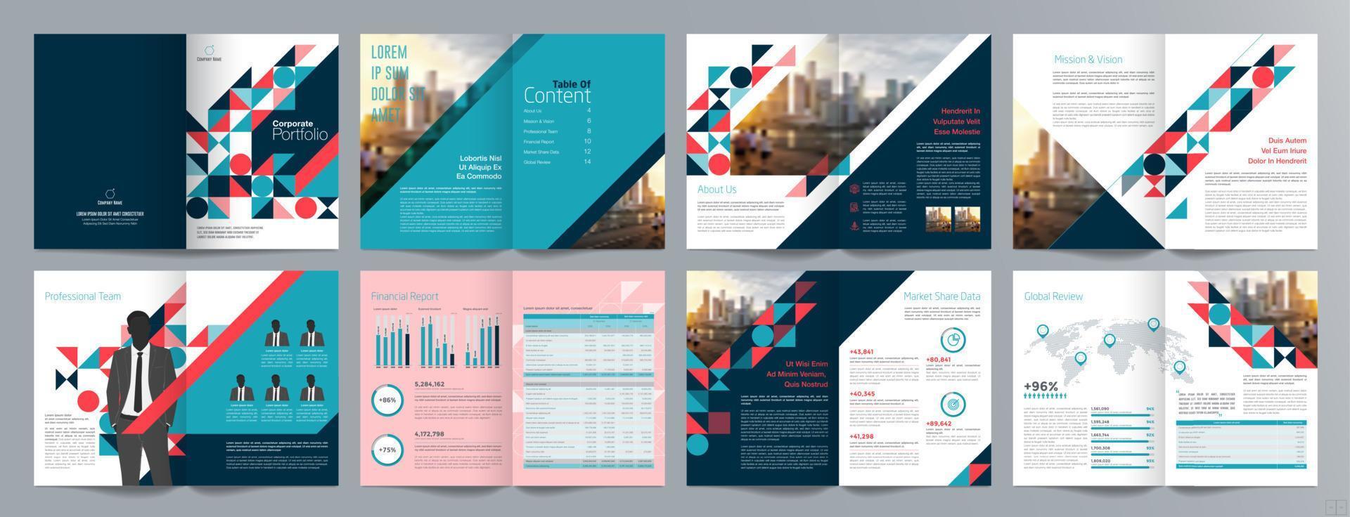 Corporate business presentation guide brochure template, Annual report, 16 page minimalist flat geometric business brochure design template, A4 size. vector