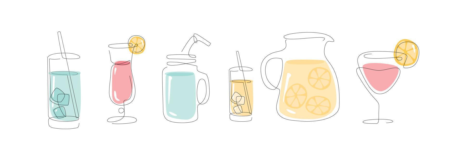 Summer drink one line. Simple linear beverage set. outline glasses set. Collection of juice and cocktails. lemonade jar in line art. Vector