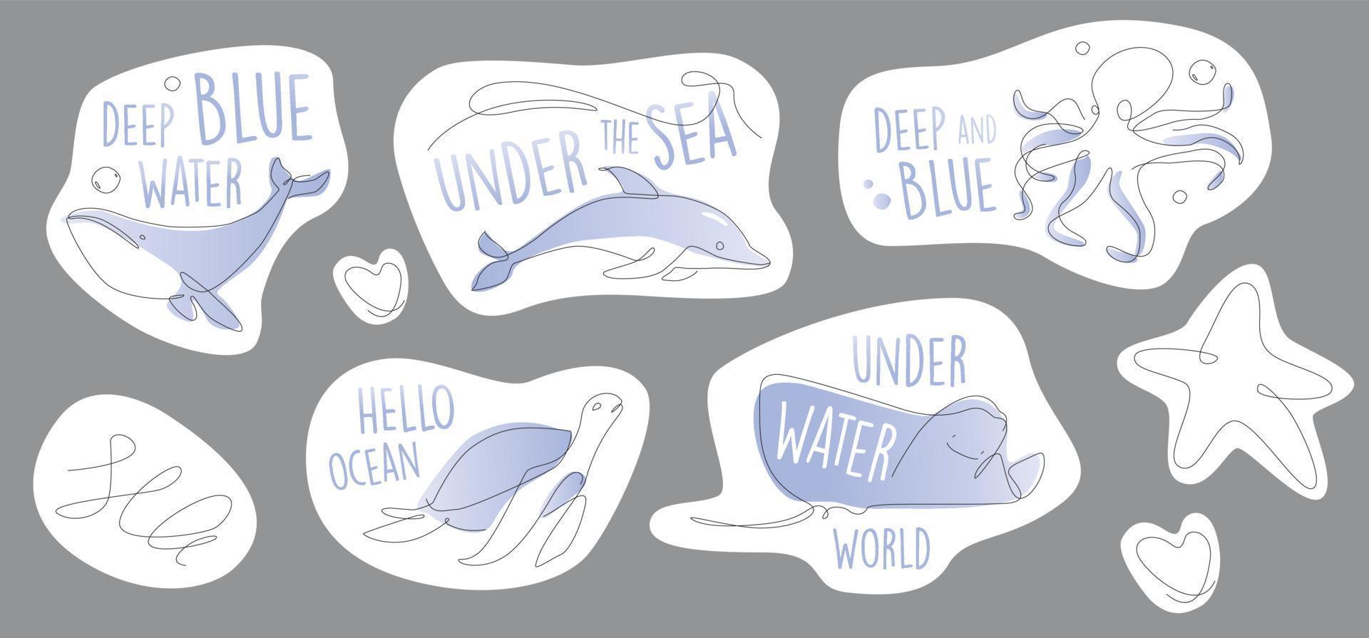 Marine sticker set One line. Underwater outline animals emblem. Line art ocean and sea life lettering collection. vector