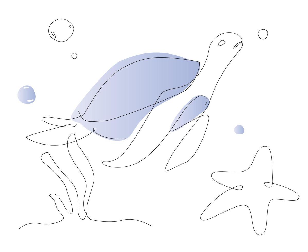 One line turtle illustration. Sea life line art vector. Cute turtles outline vector