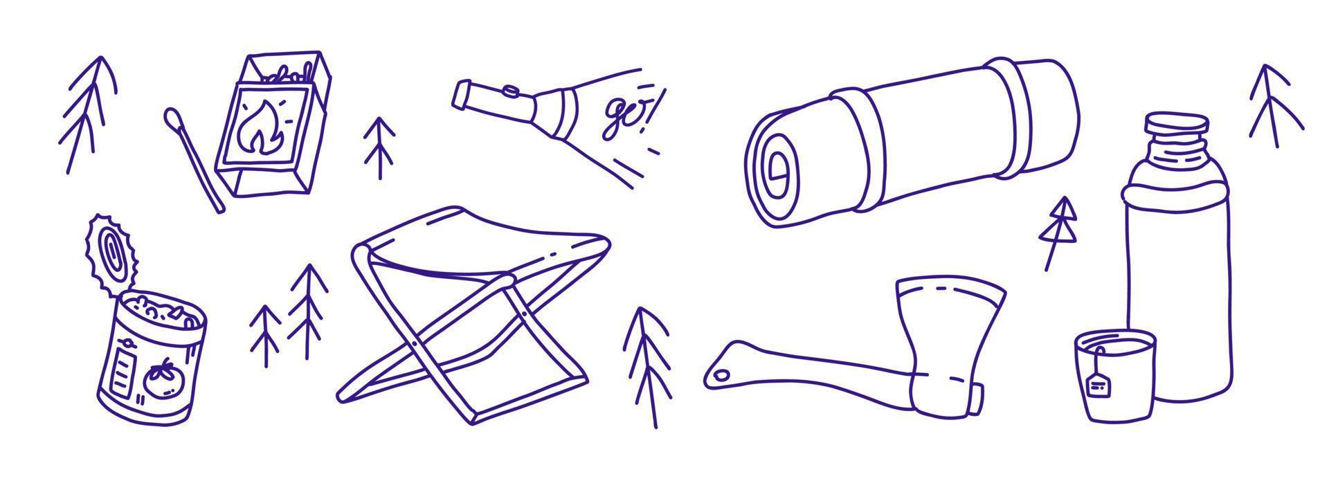 Outdoor equipment doodle set. camping tools hand drawn. Survival kit. wild Adventure vector