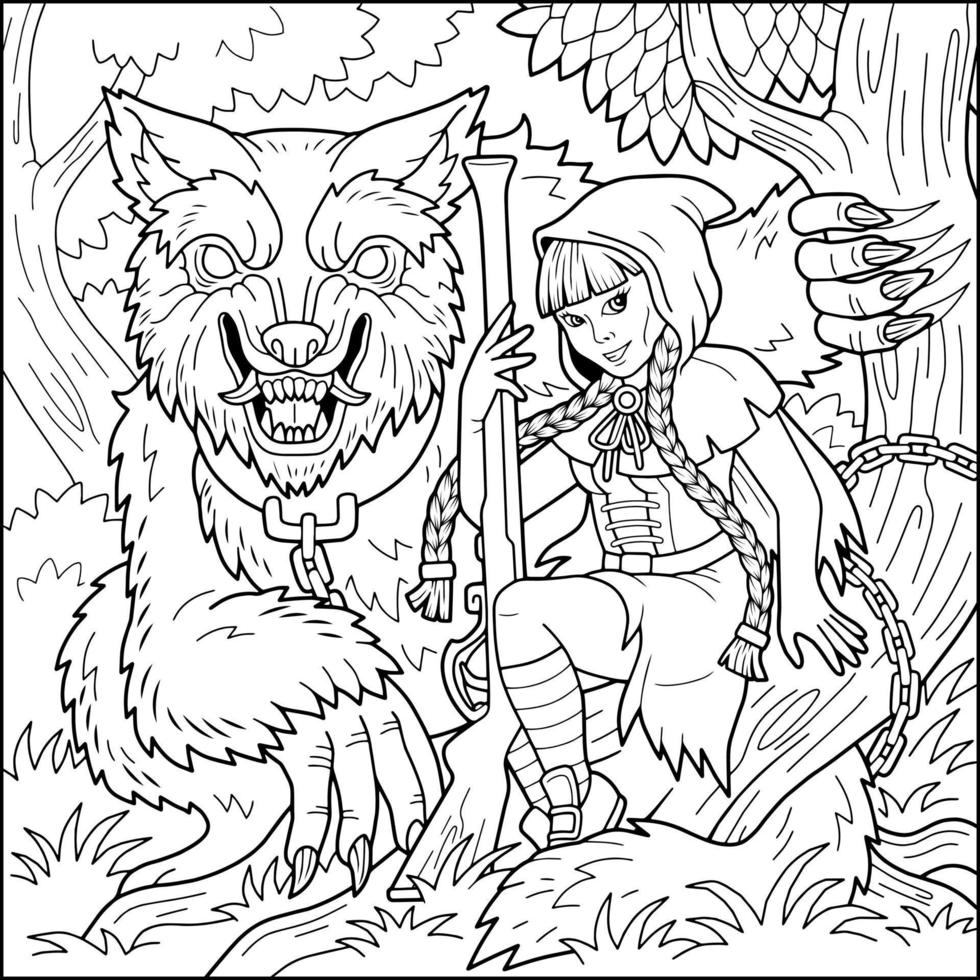 red riding hood and scary wolf, coloring book, outline illustration vector