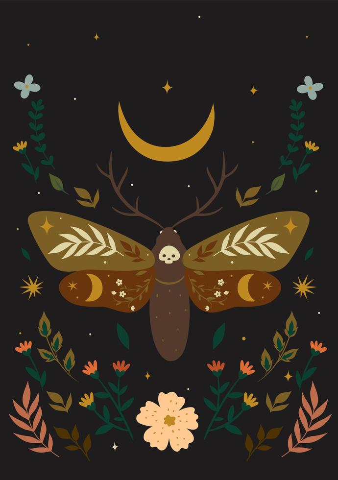 Postcard with a moth in boho style. Vector graphics.