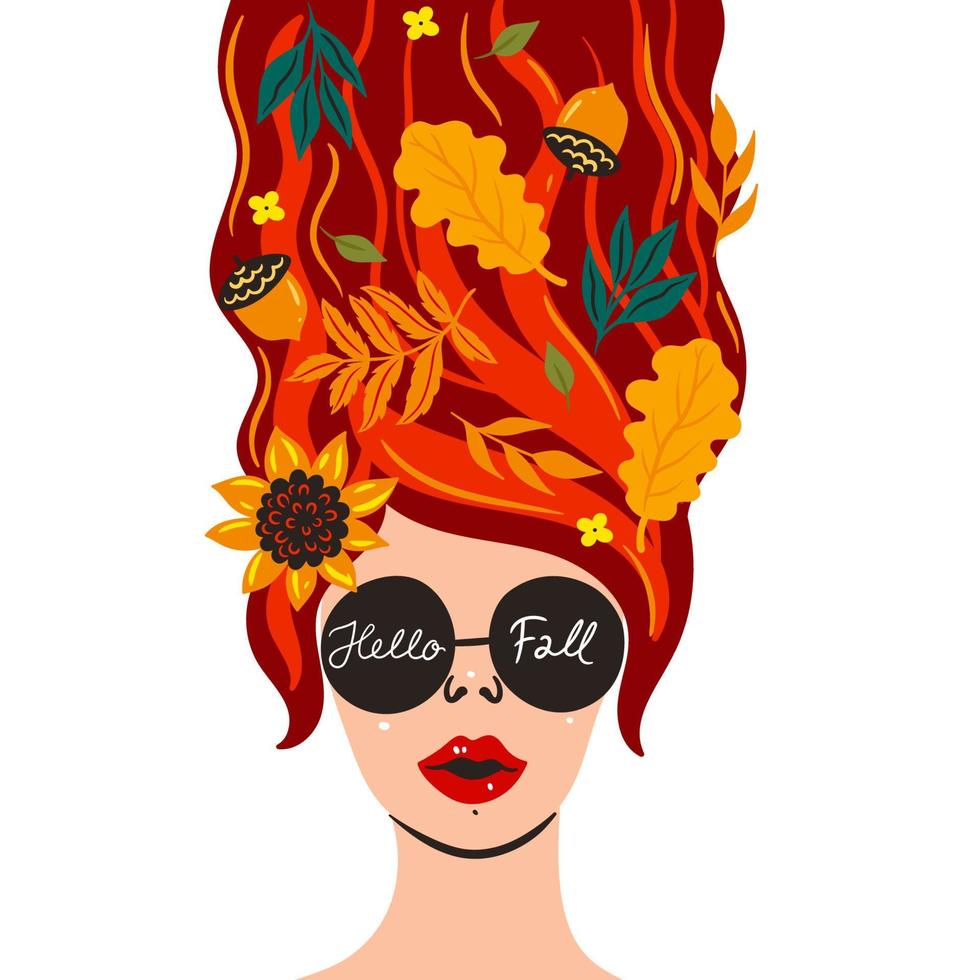 Portrait of an autumn girl in glasses on a white background. Vector graphics.