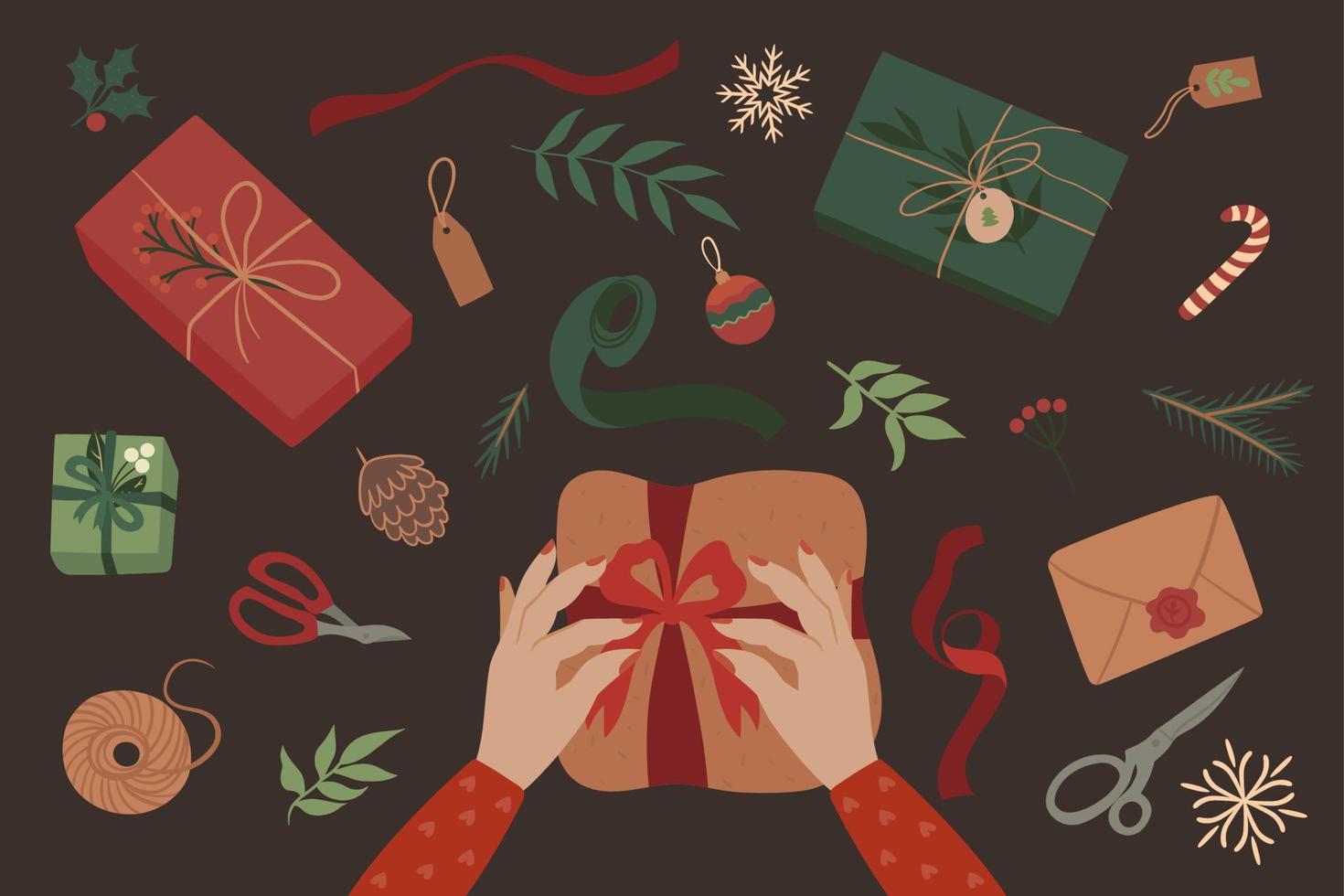 Christmas gift wrapping. Top view of hands, boxes, ribbons on the table. Creative New Year's workshop. Vector graphics.