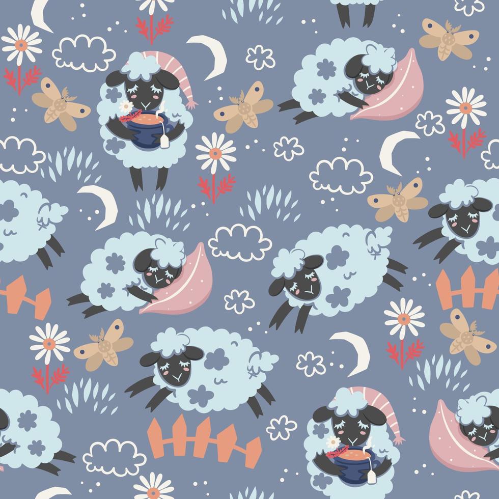 Seamless pattern of cute sleepy lambs. Vector graphics.
