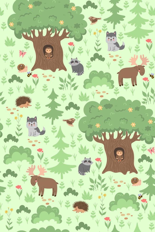 Seamless pattern with forest animals and plants. Vector graphics.