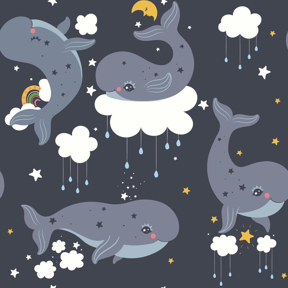 Seamless pattern with cute whales in the sky. Vector graphics.