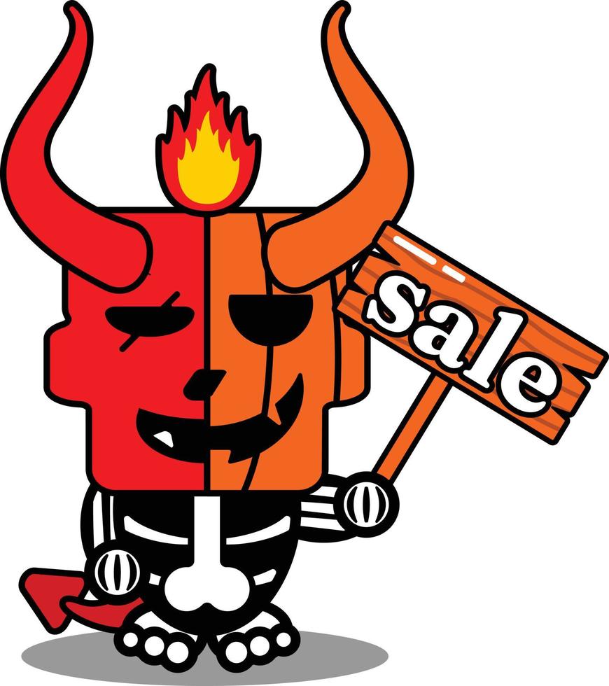 vector de dibujos animados lindo mascota cráneo calabaza diablo rojo personaje sosteniendo tablero de venta