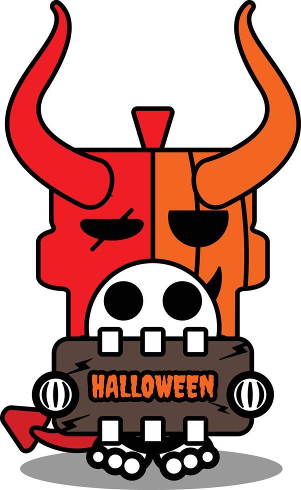 vector cartoon cute mascot skull pumpkin devil red character holding halloween board