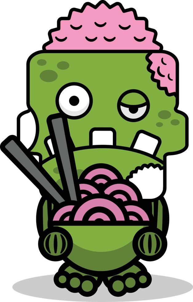 personaje de mascota de dibujos animados de vector halloween zombie cráneo verde lindo fideos