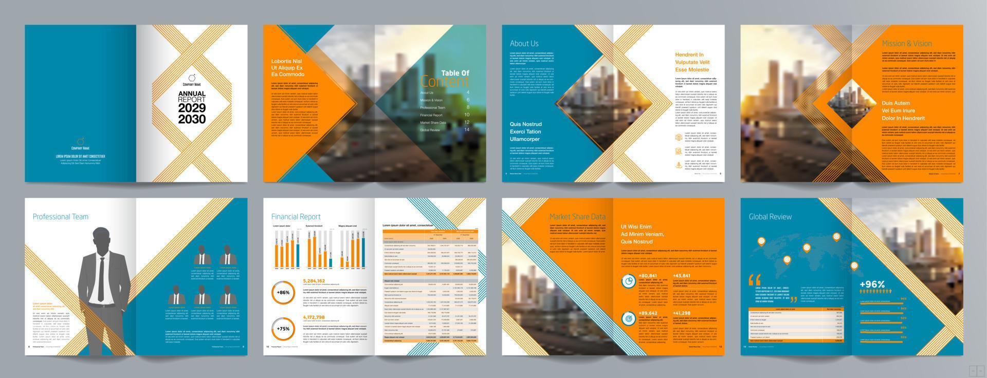 plantilla de folleto de guía de presentación de negocios corporativos, informe anual, plantilla de diseño de folleto de negocios geométrico plano minimalista de 16 páginas, tamaño a4. vector