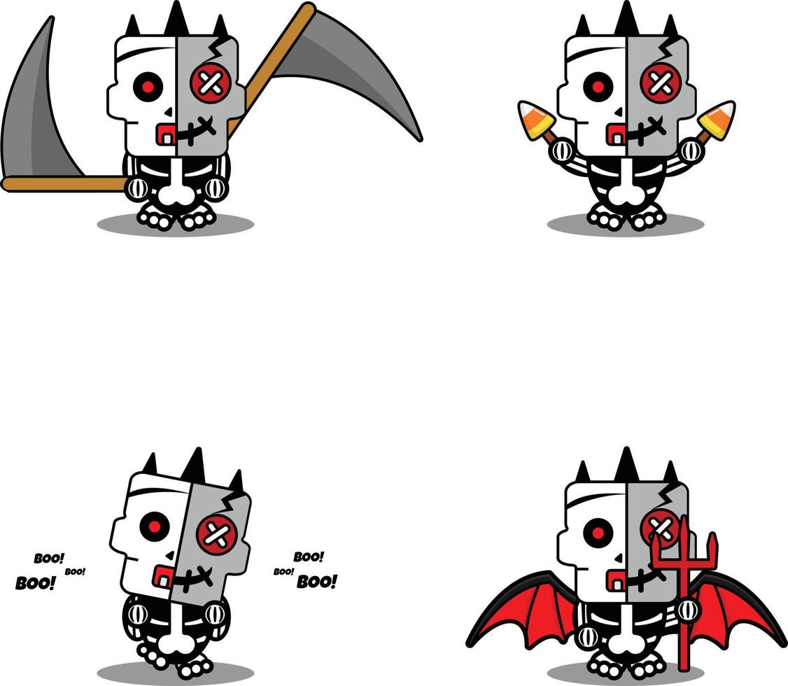 vector de dibujos animados lindo mascota cráneo personaje vudú muñeca hueso conjunto paquete halloween