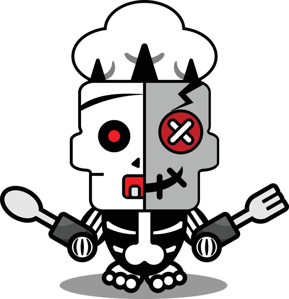 vector de dibujos animados lindo mascota cráneo personaje vudú muñeca chef cuchara y tenedor