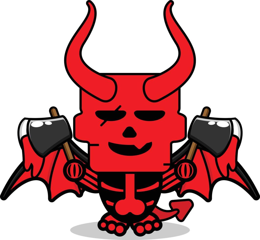 personaje de mascota vectorial de dibujos animados cráneo lindo diablo rojo sosteniendo un hacha ensangrentada vector