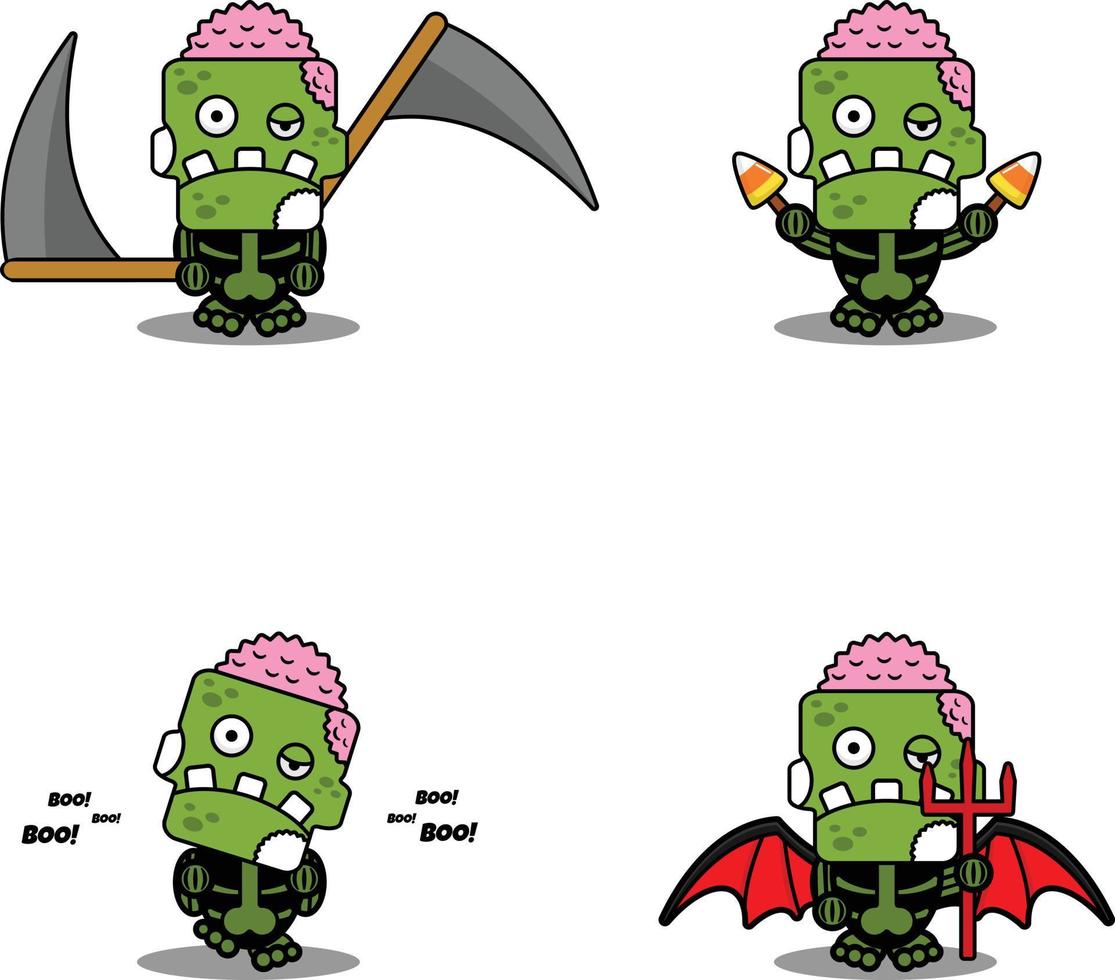 vector cartoon mascot character halloween zombie green cute skull set bundle
