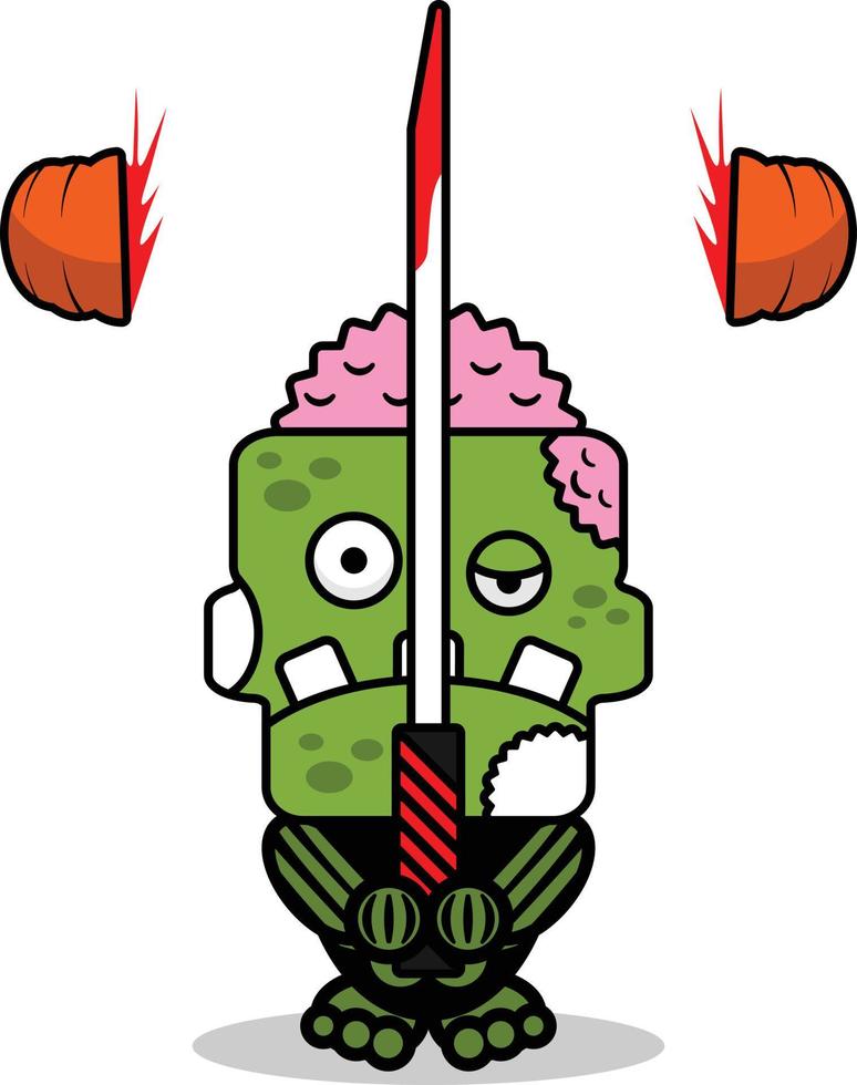 personaje de mascota de dibujos animados de vector halloween zombie cráneo verde espada linda calabaza dividida