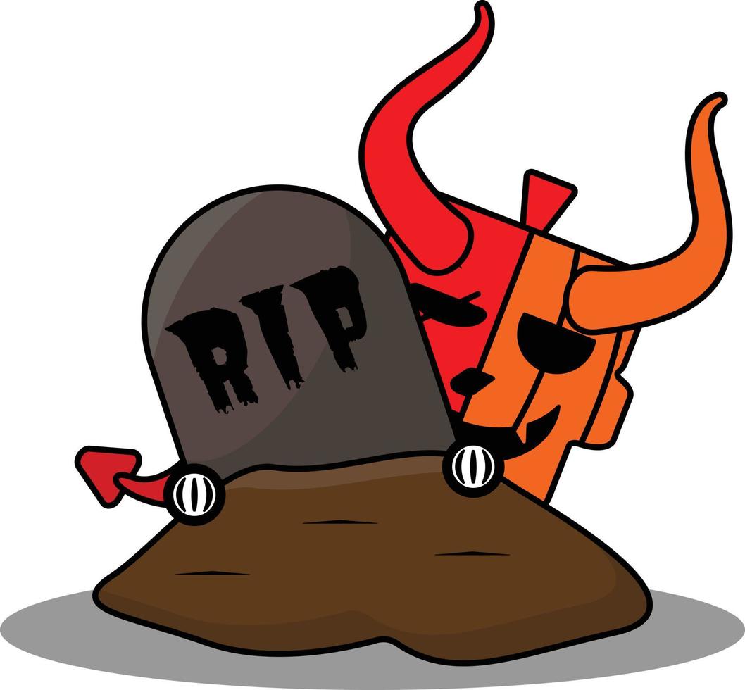 vector cartoon cute mascot skull pumpkin devil red character with grave
