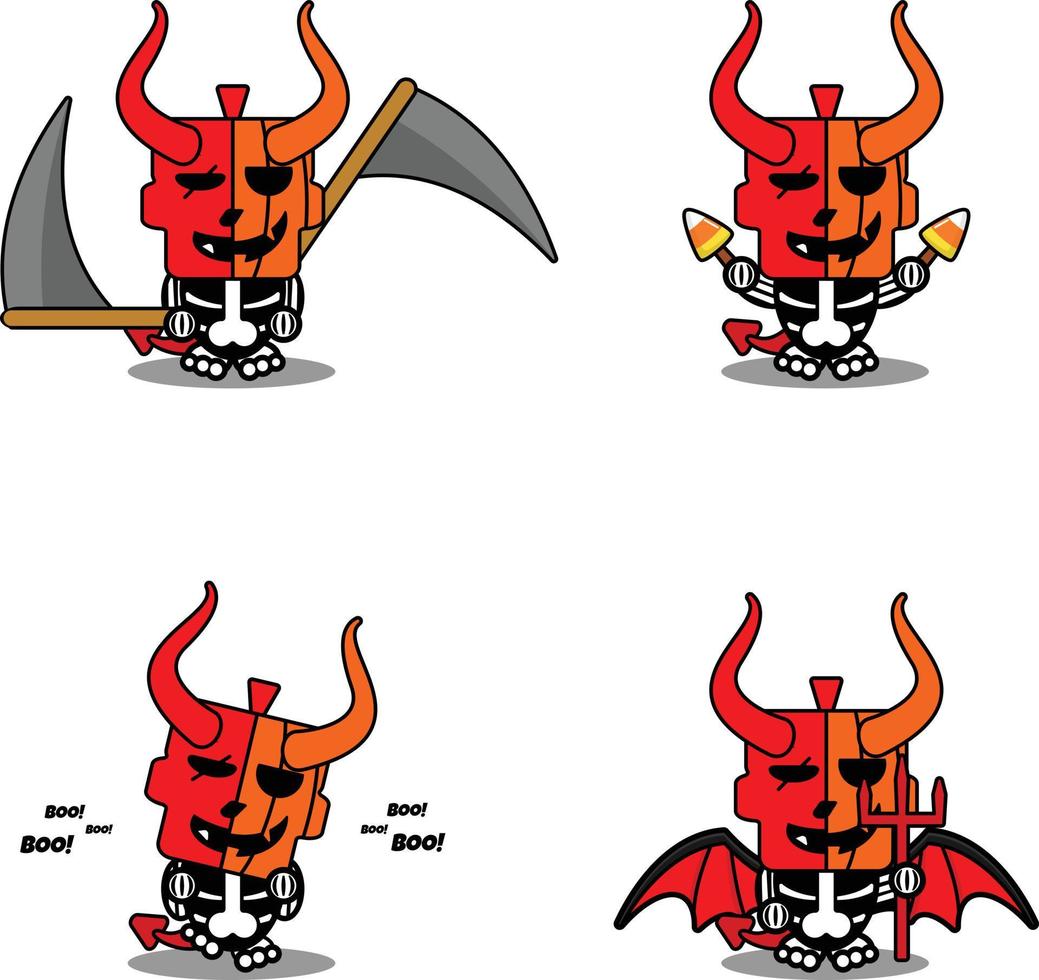 vector de dibujos animados lindo mascota cráneo calabaza diablo rojo juego de caracteres paquete halloween