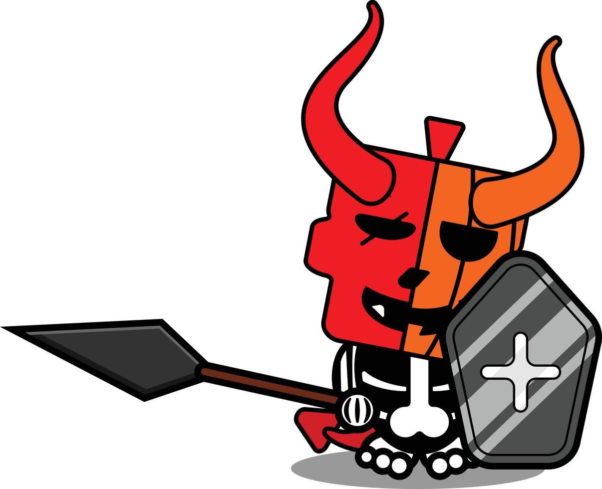 vector cartoon cute mascot skull pumpkin devil red spear and shield character