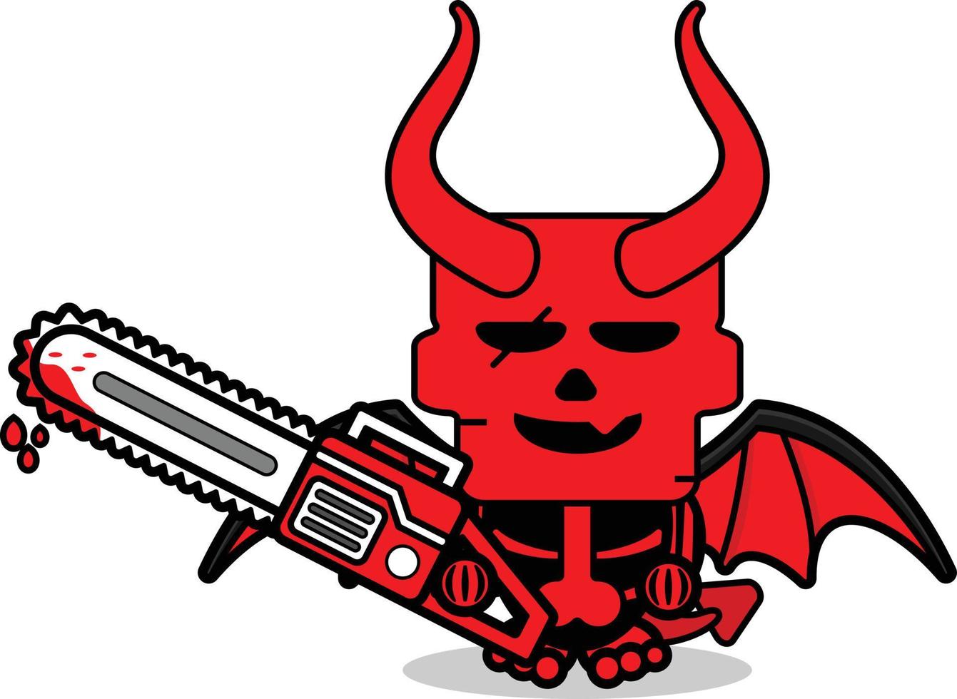 lindo cráneo diablo rojo mascota personaje dibujos animados vector sosteniendo máquina de sierra sangrienta
