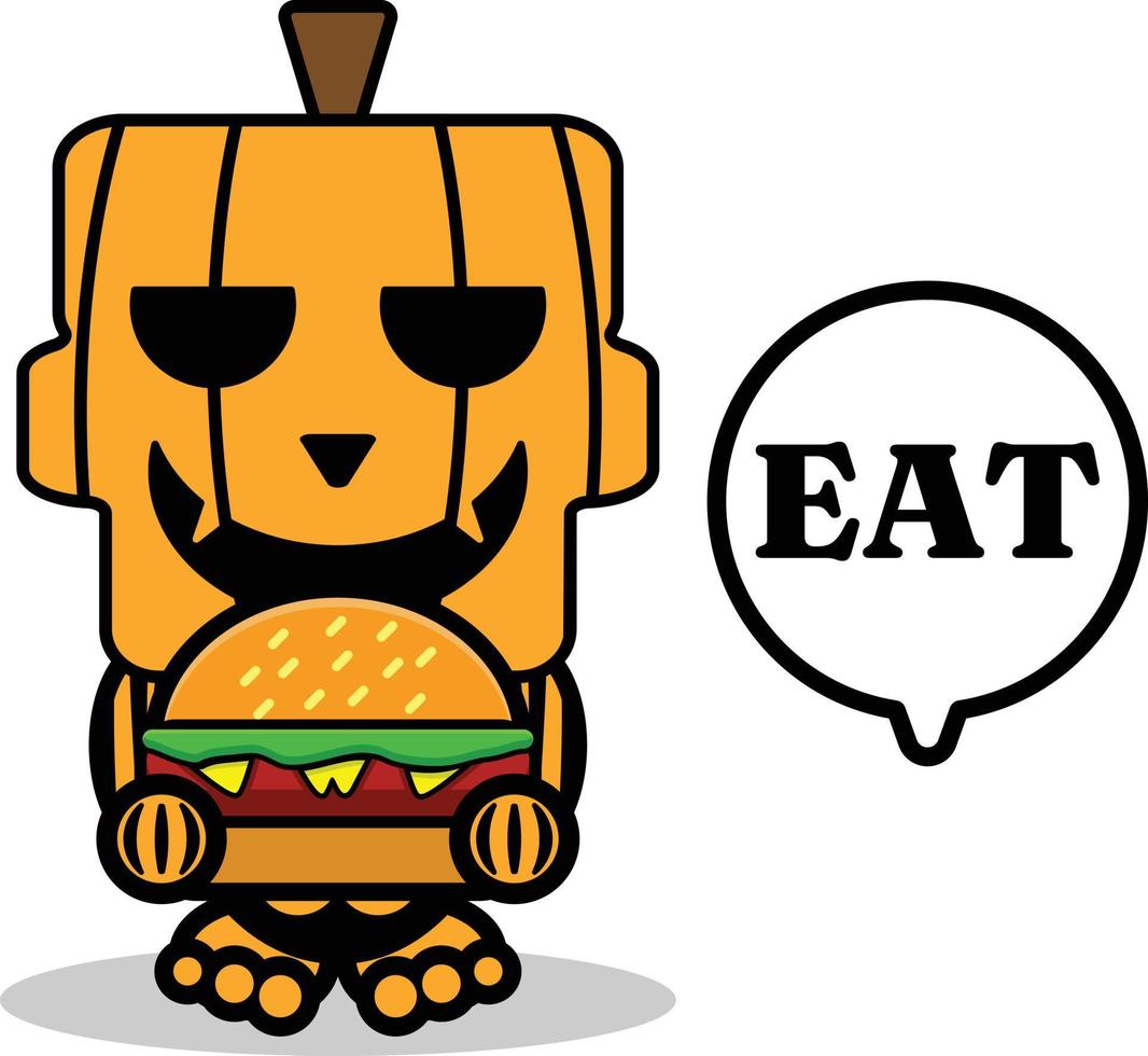 personaje de mascota de calabaza de dibujos animados de vector lindo cráneo comiendo hamburguesa